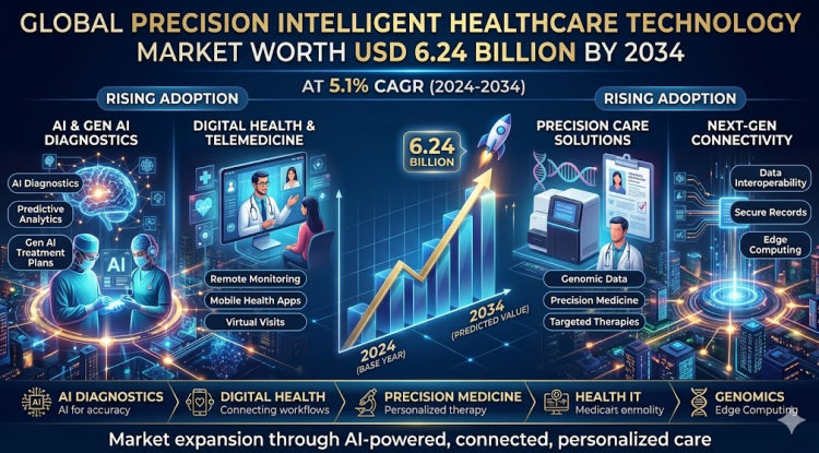 Global Precision Intelligent Healthcare Technology Market Worth USD 6.24 Billion by 2034 at 5.1% CAGR Amid Rising Adoption of AI, Digital Health, and Precision Care Solutions